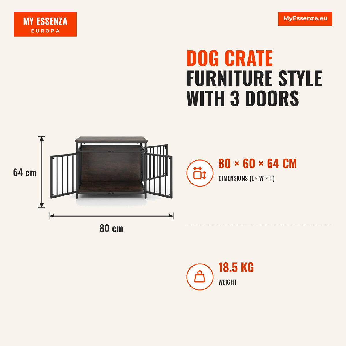 Jaula para Cães Estilo Móvel com 3 Portas e Topo Vazado Rústico Castanho — Infografia | Infographic — dimensions