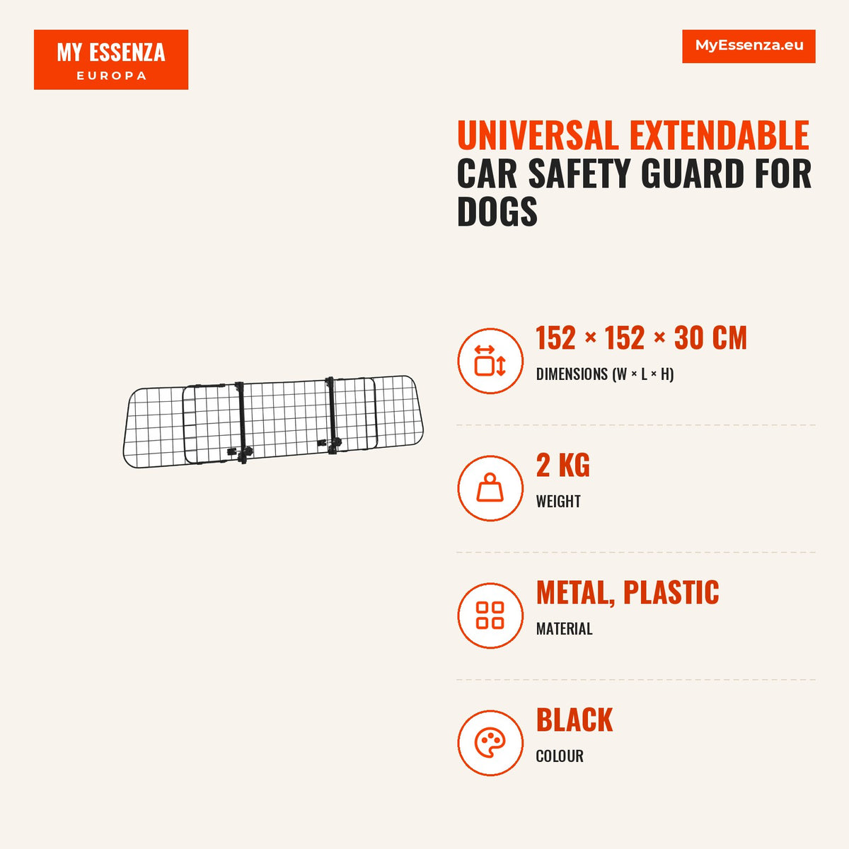 Grade de Segurança de Carro para Cães Extensível Universal Grade de Segurança para Cães com Largura Ajustável 91-152x30cm Preto — Infografia | Infographic — dimensions