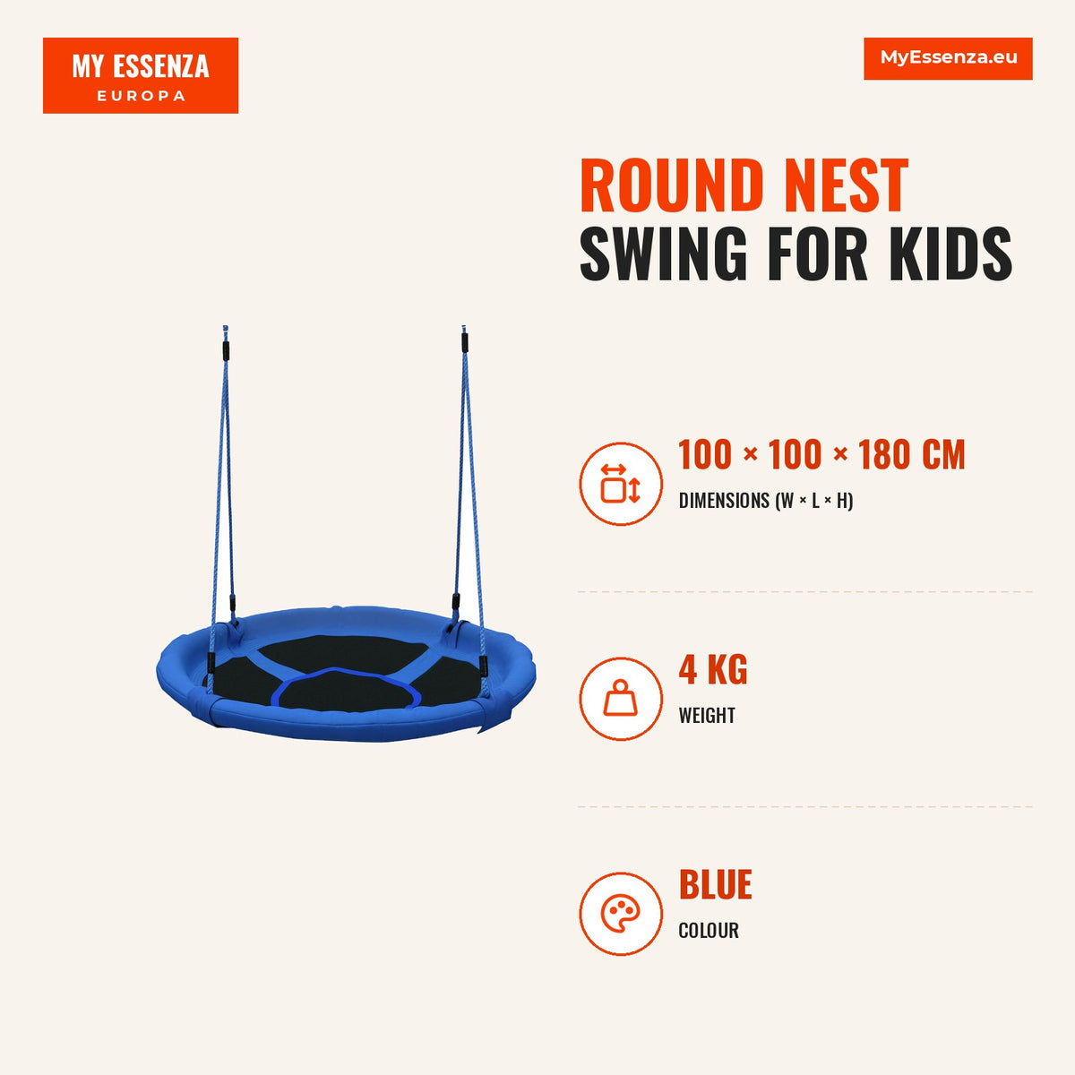 Baloiço para Criança tipo Ninho Baloiço Infantil Redondo acima de 3 Anos Carga Máx. 100 kg Interior e Exterior Ø100x180 cm Azul — Infografia | Infographic — dimensions
