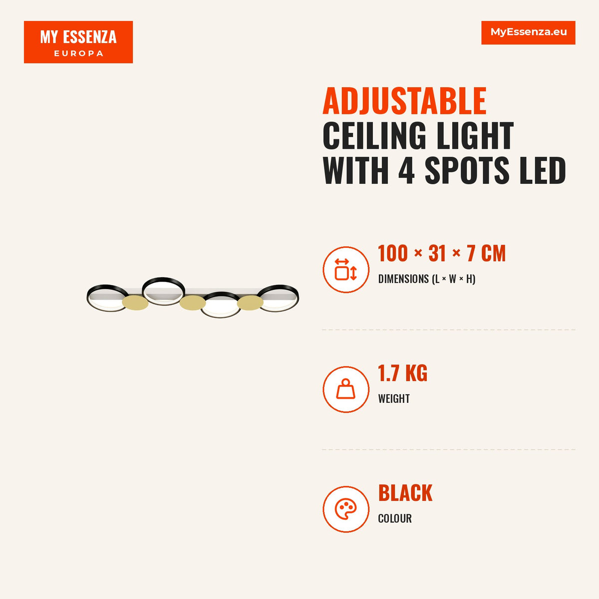 Candeeiro de Teto Regulável com 4 Focos Candeeiro LED de Teto com Controlo Remoto Modos de Cena 1500 lm 38 W, 3000 K-6500 K para Sala de Estar Quarto  — Infografia | Infographic — dimensions