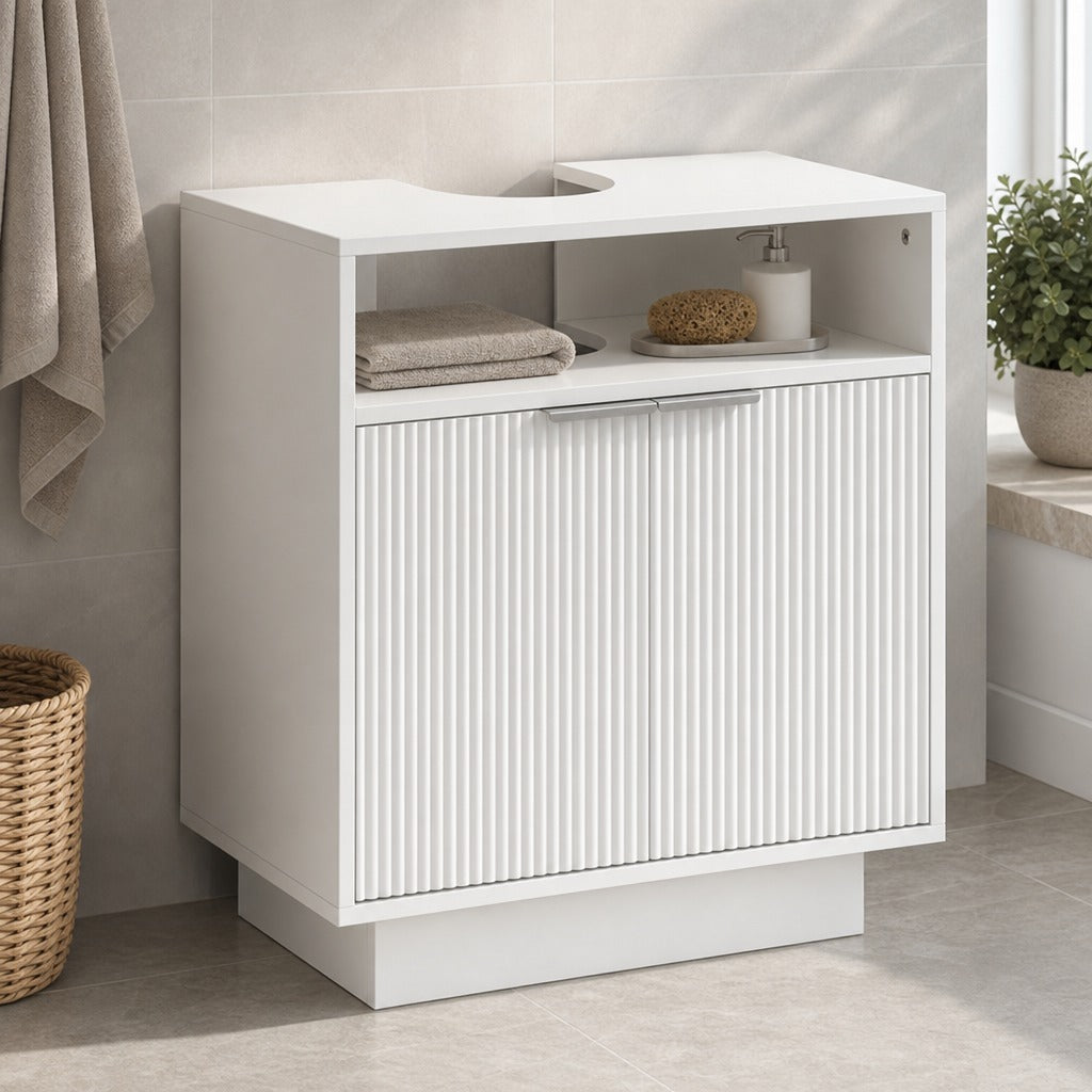 Móvel para Lavatório Pousar Móvel de Casa de Banho com 2 Portas Canaladas e Compartimento Aberto Armário de Casa de Banho para Lavatório com ou sem Pedestal Estilo Moderno — Ambiente | Lifestyle