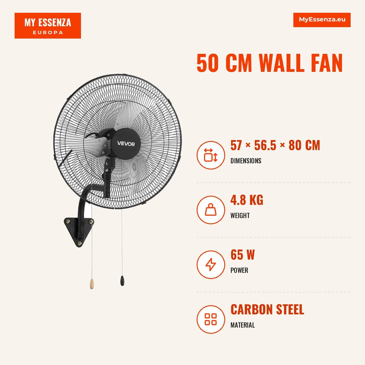 Ventoinha de parede 50 cm, 3 velocidades, oscilante, 65 W, aço — Infografia | Infographic — dimensions
