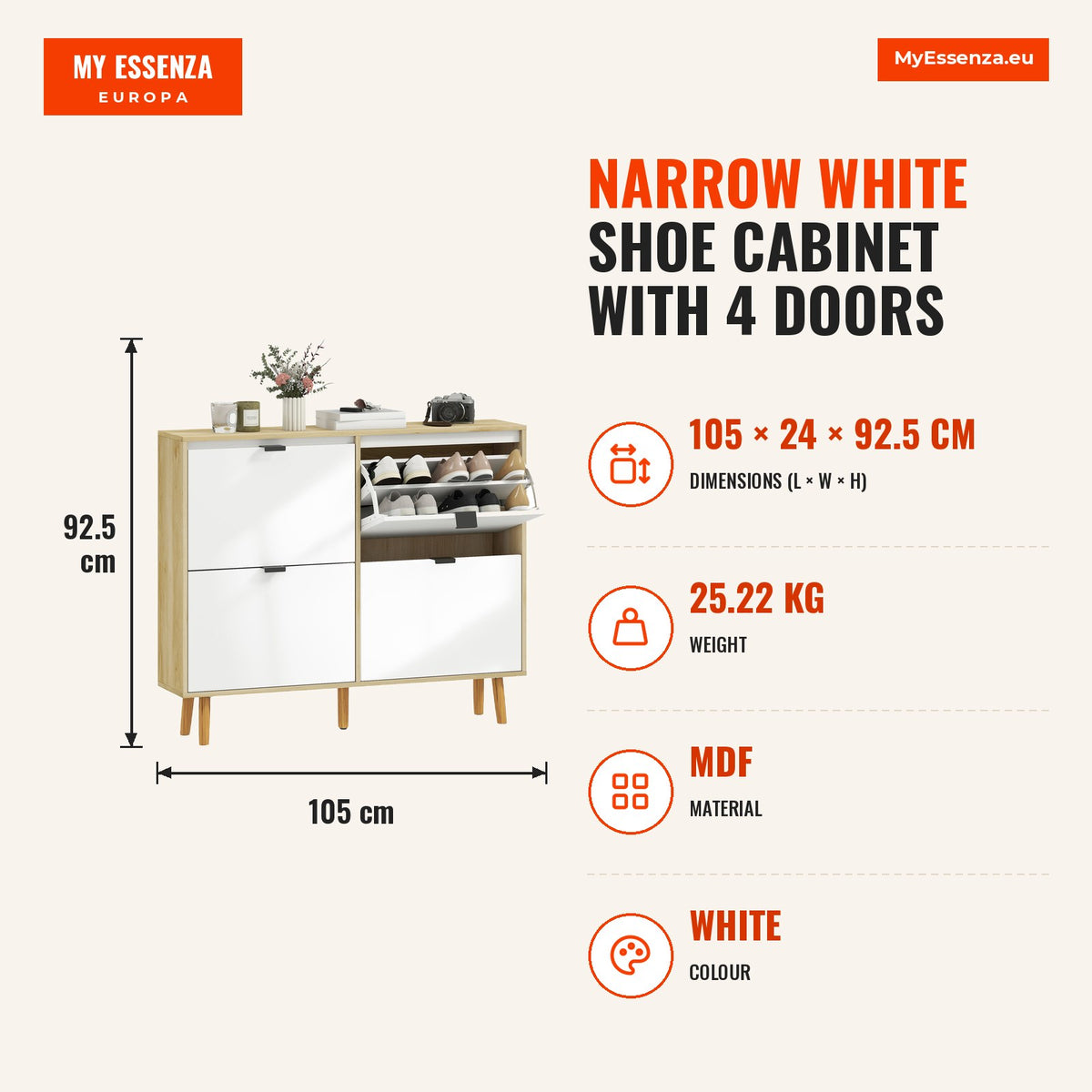 Sapateira Estreita com 4 Portas em Branco Brilho Sapateira de Entrada com Prateleiras Ajustáveis e Pernas de Madeira para 20 Pares de Sapatos 105x24x9 — Infografia | Infographic — dimensions
