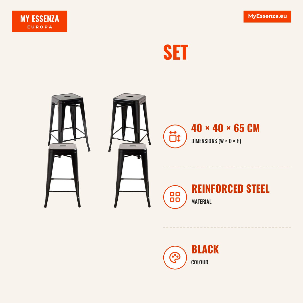 Pack 4 Bancos Meyer Baixos 65 cm — Preto — Infografia | Infographic — dimensions
