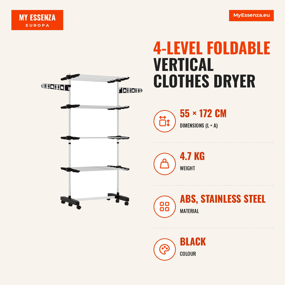 Estendal Vertical Dobrável de 4 Níveis Estendal de Roupa com 6 Rodas 2 Laterais Dobráveis Prateleiras Ajustáveis e Estrutura de Aço Inoxídável para In — Infografia | Infographic — dimensions