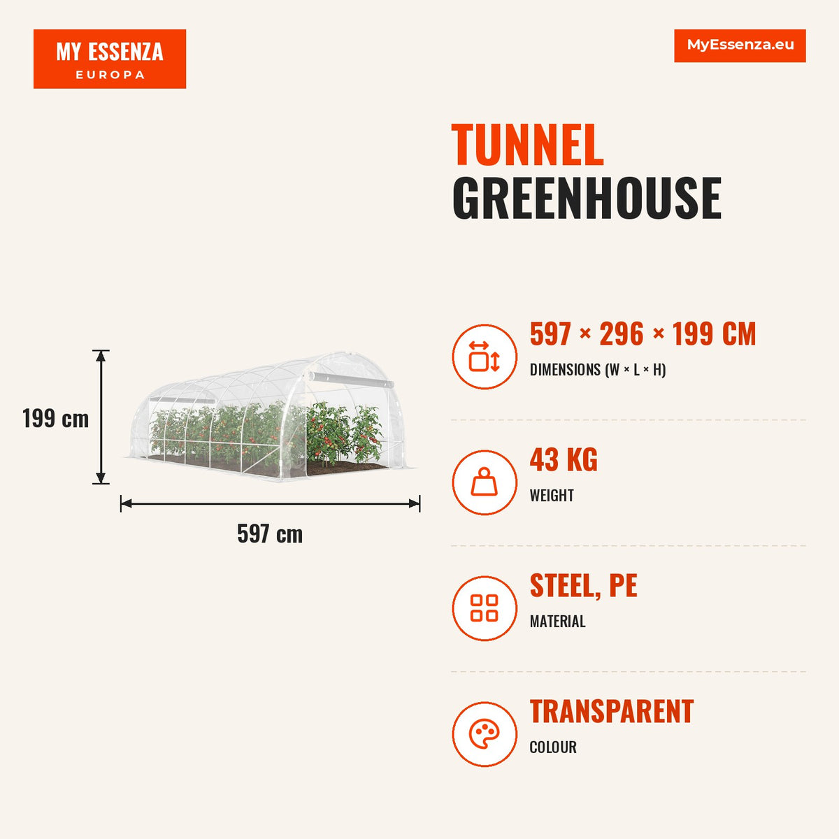 Estufa tipo Túnel 296x597x199 cm Estufa de Exterior com 2 Portas Enroláveis Estrutura de Aço Galvanizado e Cobertura em PE 150g/m² Anti-UV Impermeável — Infografia | Infographic — dimensions