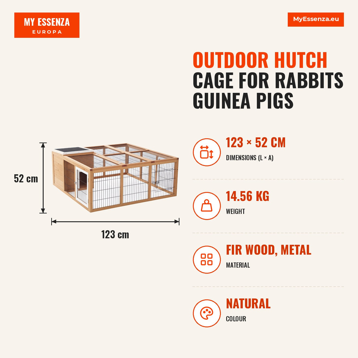 Coelheira de Exterior Gaiola para Coelhos Porquinho da India Animais Pequenos com 2 Portas Superiores e Teto Asfáltico Dobrável 123x120x52cm Madeira N — Infografia | Infographic — dimensions