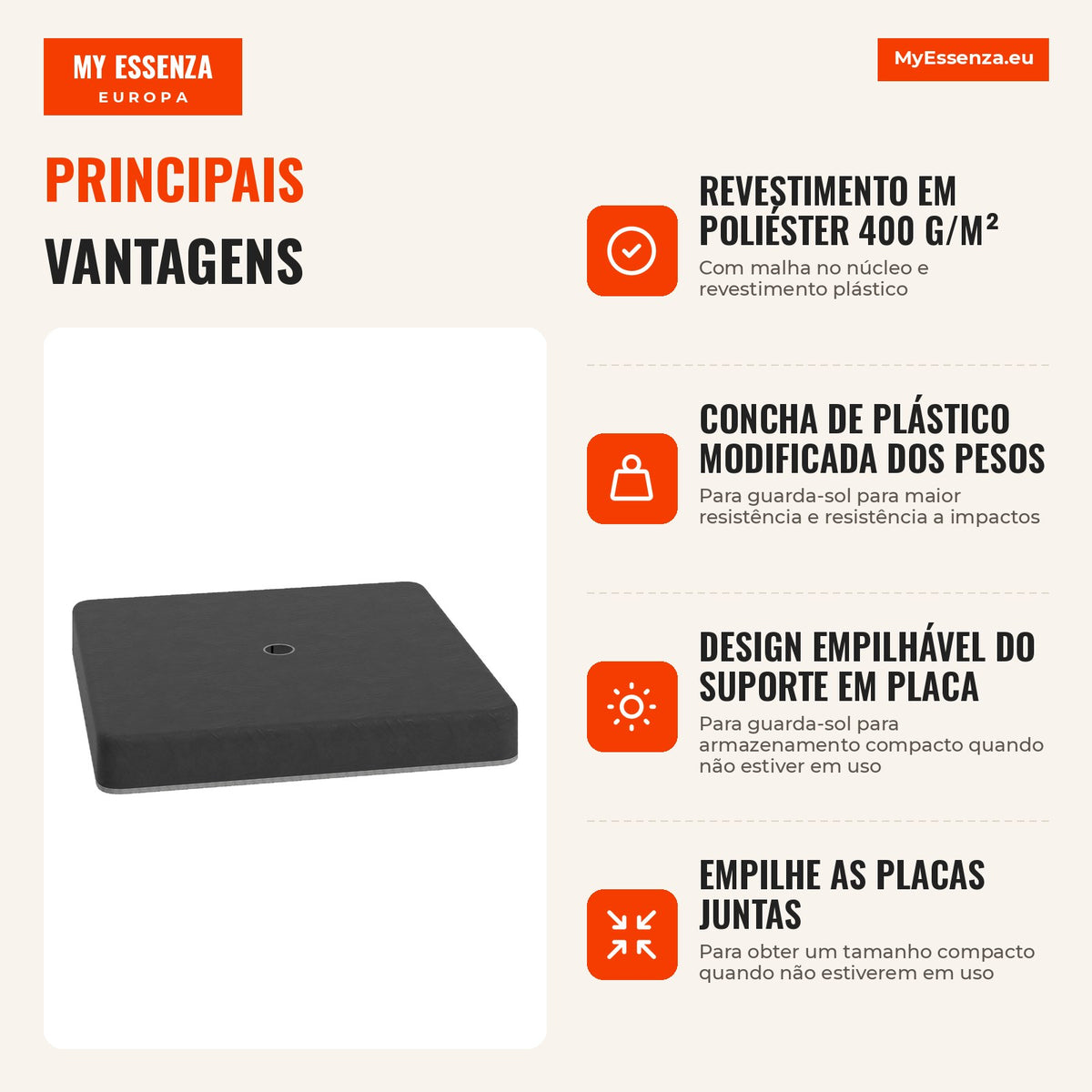 Pesos básicos para bases de guarda-sol, à prova d'água, recarregáveis com areia, plástico, 89L x 89B x 10,5H cm, Preto — infografia 1