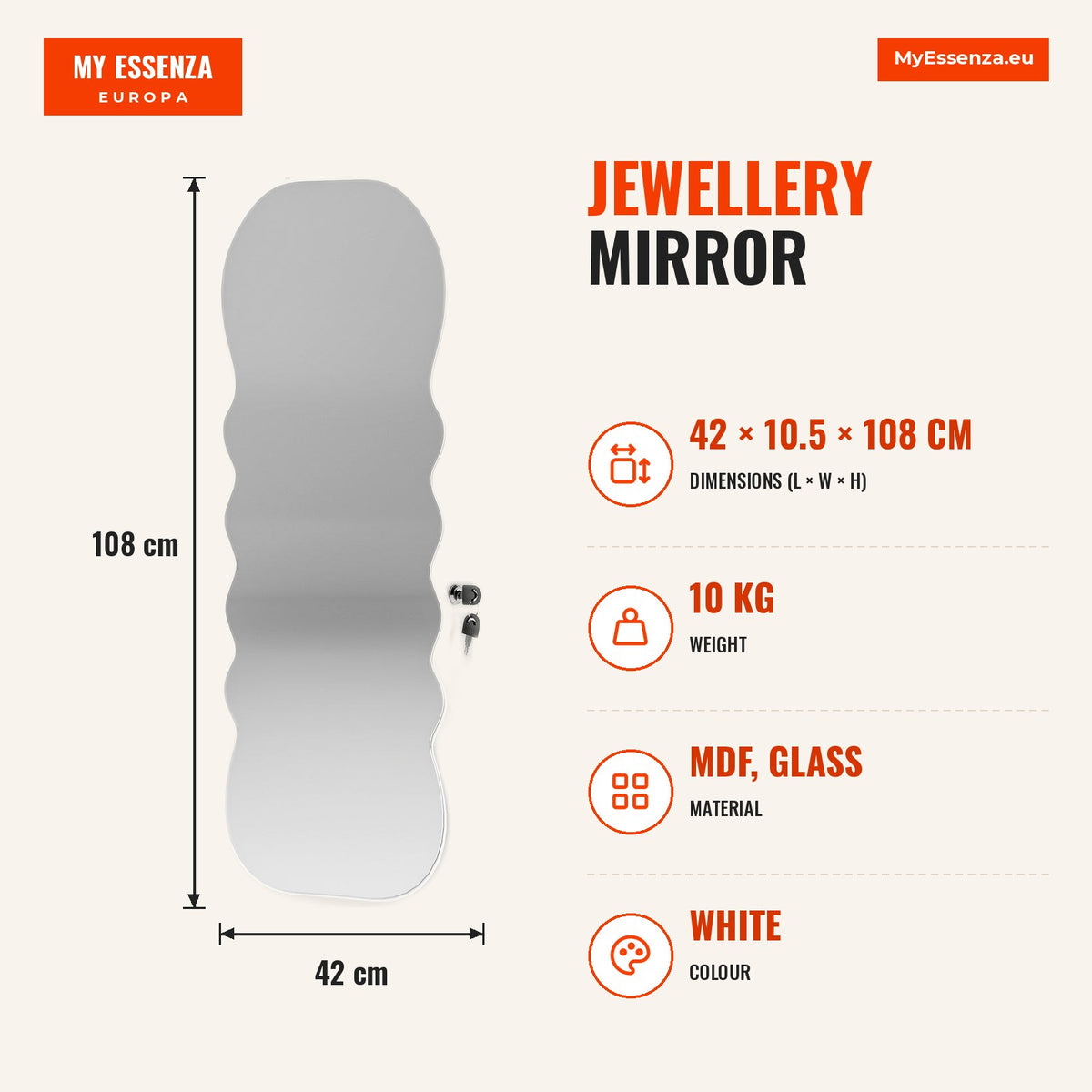 Espelho-Joalheiro com Luz LED de 3 Tons Armário para Joias Montado na Parede ou na Porta Armário com Fechadura Espelho de Corpo Inteiro, Design Ondula — Infografia | Infographic — dimensions