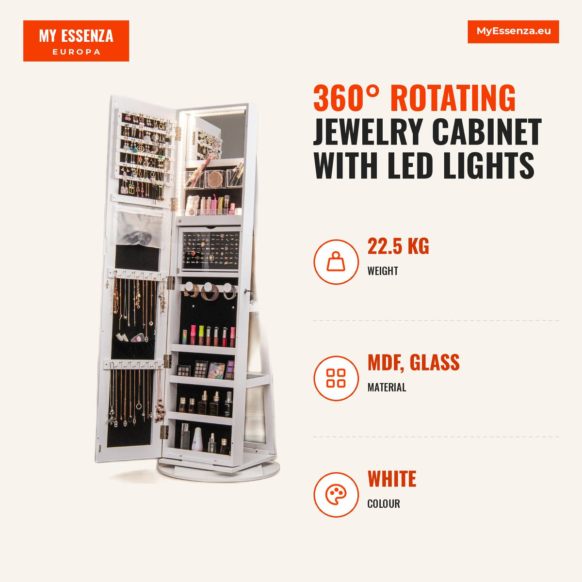 Armário Joyero Giratório 360° com Luzes LED Espelho de Corpo Inteiro e Estantes de Armazenamento – Branco — Infografia | Infographic — dimensions