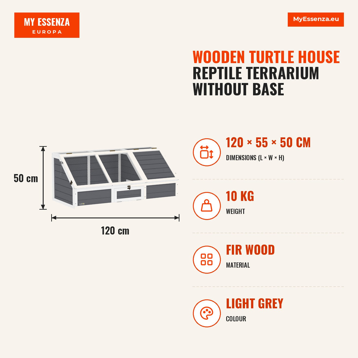 Casa para Tartarugas em Madeira Terrário para Répteis sem Base com Tampas Articuladas Porta Frontal com Pestilhas de Segurança 120x55x50 cm Cinza Clar — Infografia | Infographic — dimensions
