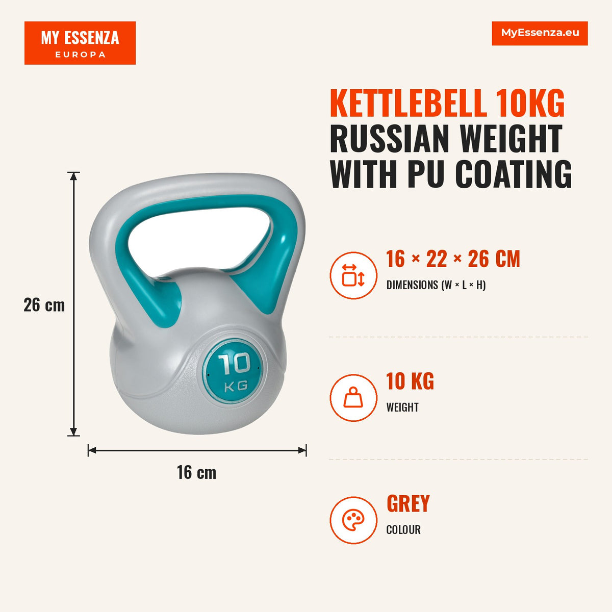 Kettlebell 10kg Peso Russo com Revestimento de PU e Enchimento de Areia para Treinamento em Casa Ginásio 22x16x26cm Azul e Cinza — Infografia | Infographic — dimensions