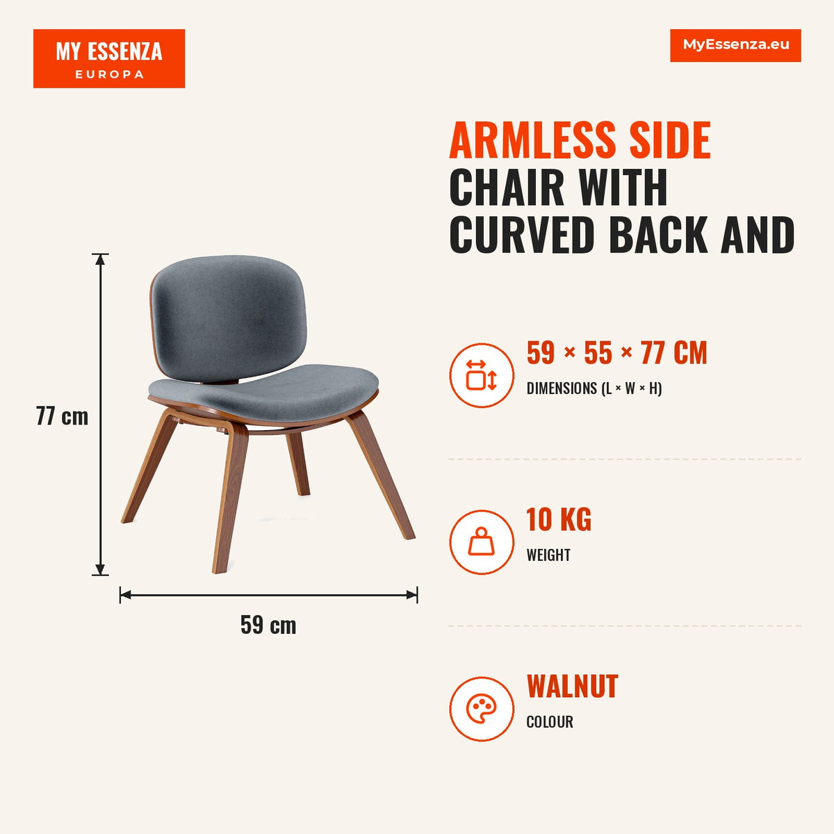 Cadeira Auxiliar sem Braços com Encosto Curvo e Assento Acolchoado 59x55x77 cm — Infografia | Infographic — dimensions