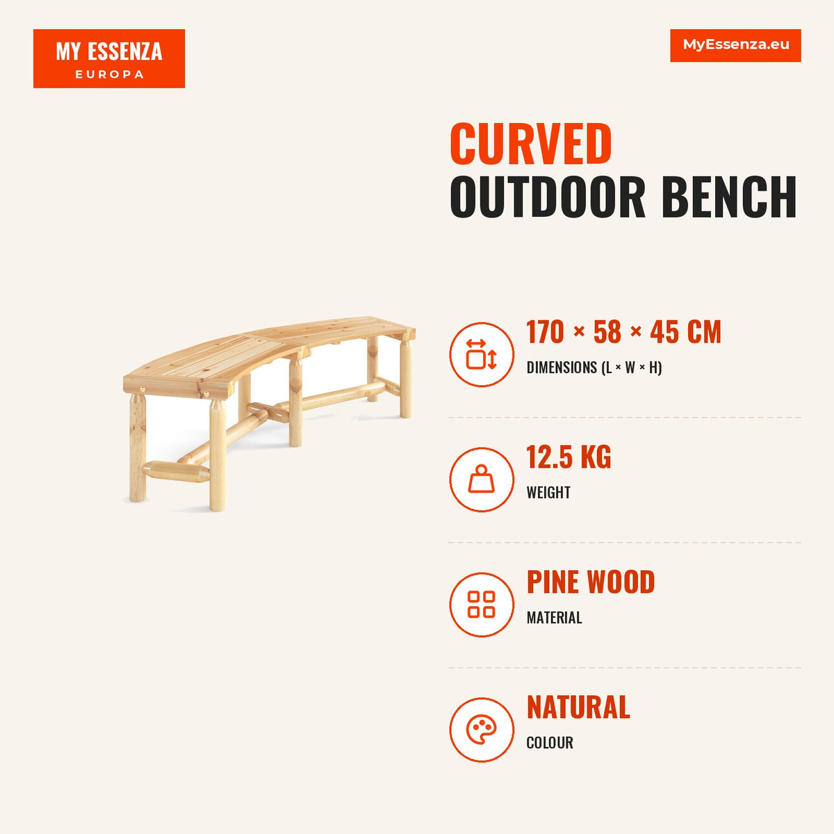 Banco Curvo para Exterior para 2-3 Pessoas Capacidade de Carga 300 kg Natural — Infografia | Infographic — dimensions
