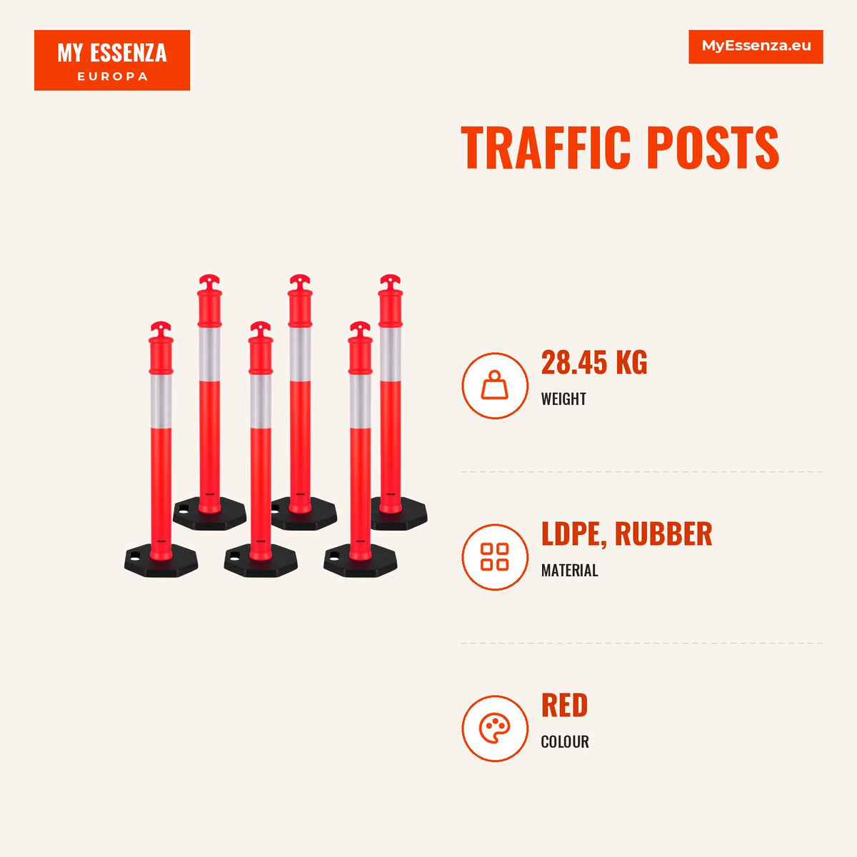 Postes de sinalização, 114 cm, base pesada, faixa refletora, vermelho — Infografia | Infographic — dimensions