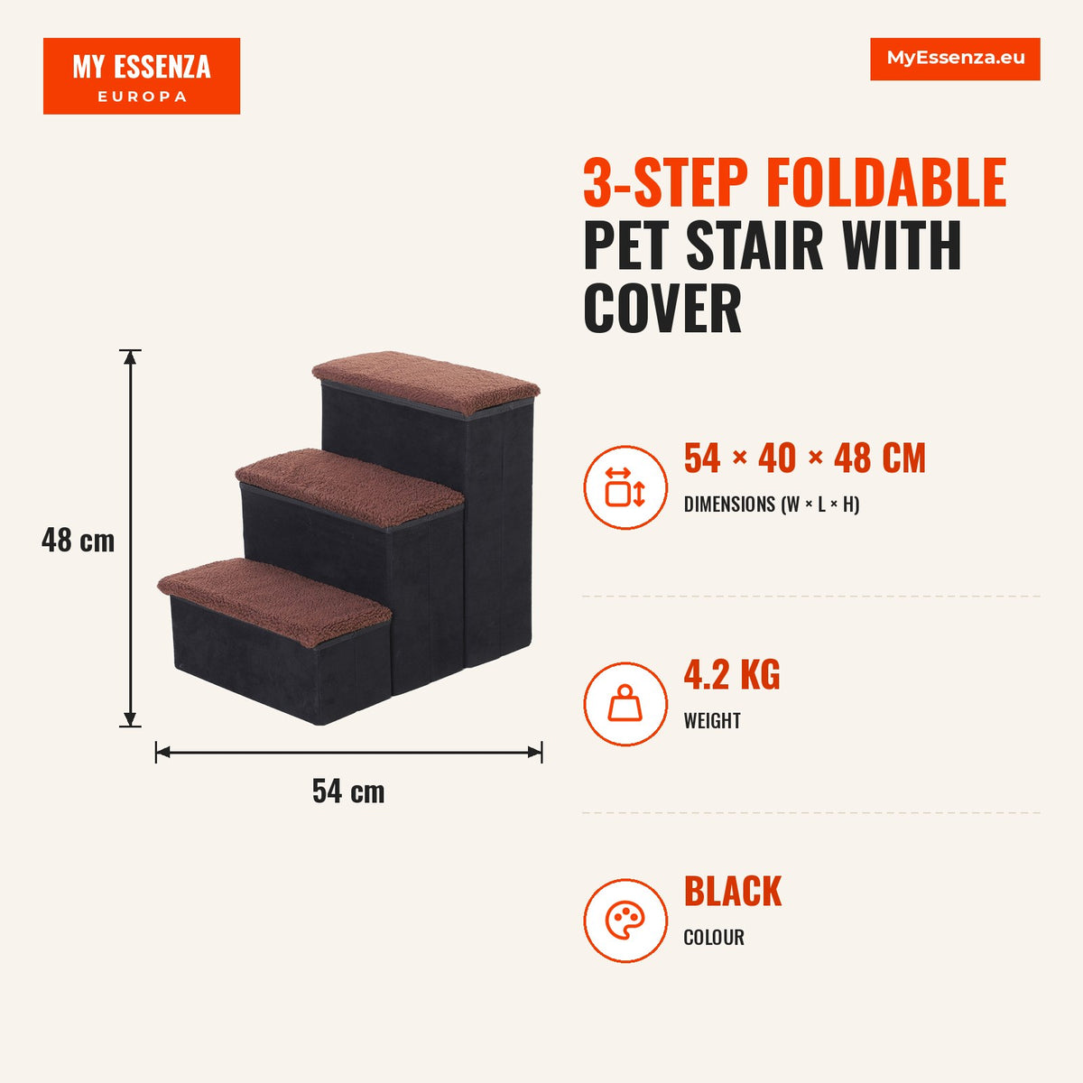 Escada para Animais de Estimação de 3 Degraus Dobrável com Tampa e Espaço de Armazenamento Escada para Cães Gatos Pequenos para Cama Sofá 40x54x48cm P — Infografia | Infographic — dimensions