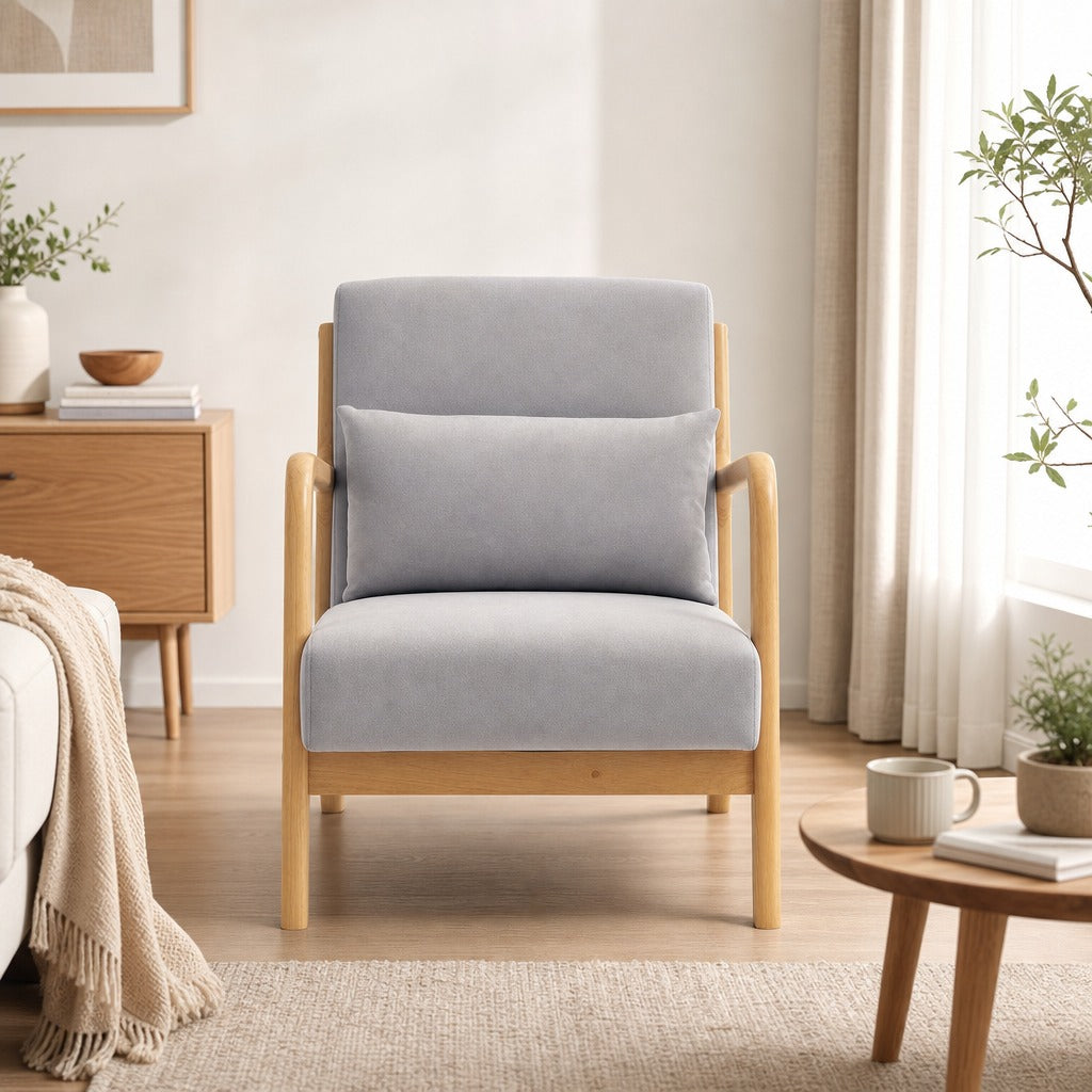 Poltrona Sala de Estar Nórdica Poltrona Individual Acolchoada com Apoio para os Braços e Estrutura de Madeira de Borracha para Dormitório Carga 120 kg 61x78x76 cm Cinza — Ambiente | Lifestyle