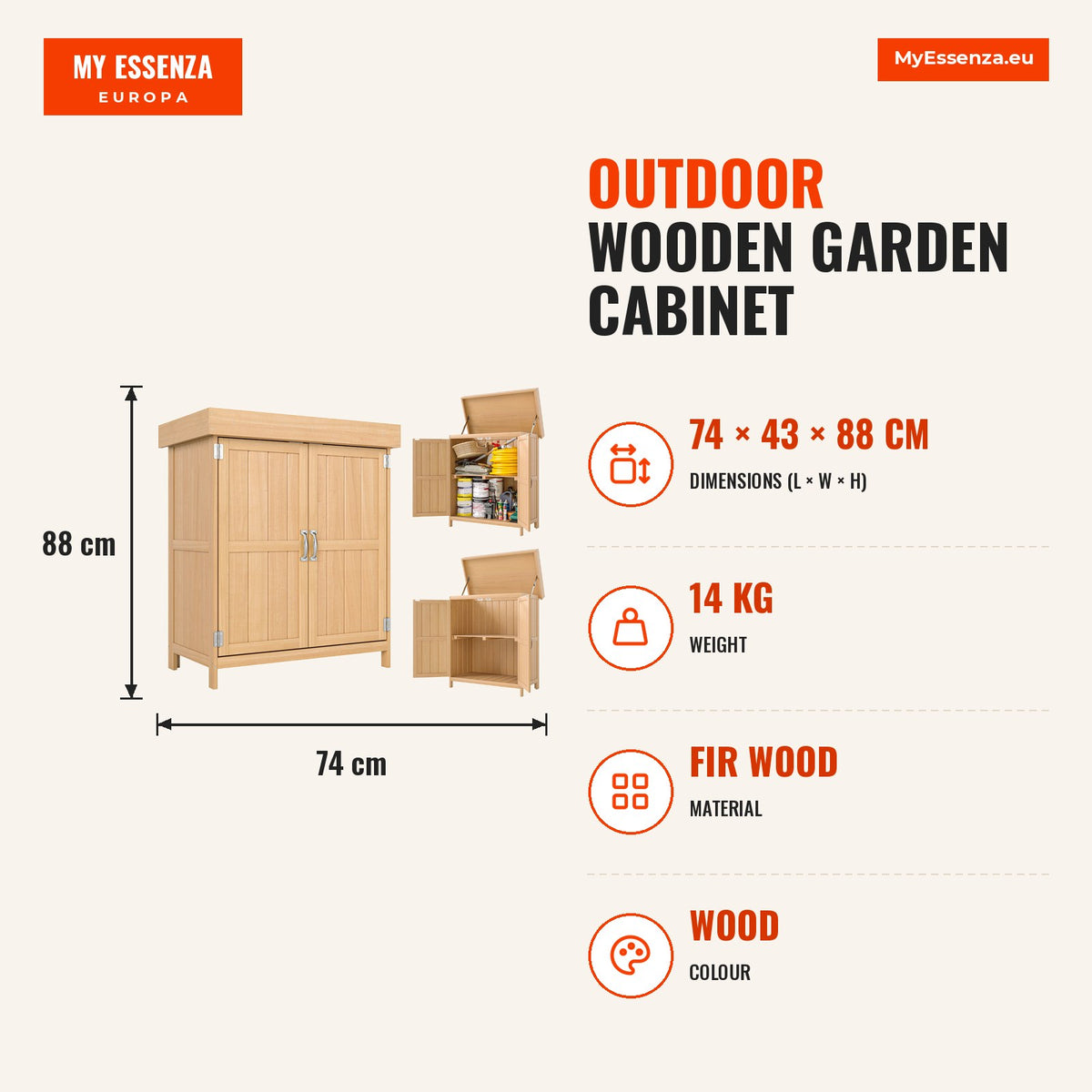 Armário de Jardim de Madeira 74x43x88 cm Armário de Exterior para Armazenamento de Ferramentas e Lenhas com 2 Portas e Teto Asfaltico Madeira — Infografia | Infographic — dimensions