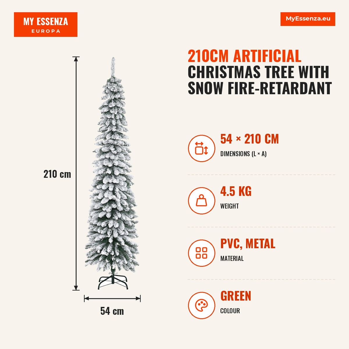 Árvore de Natal Artificial 210cm com Neve Ignífugo com 490 Ramos Folhas de PVC Base Dobrável e Suporte Metálico Decoração de Natal para Interiores Ver — Infografia | Infographic — dimensions
