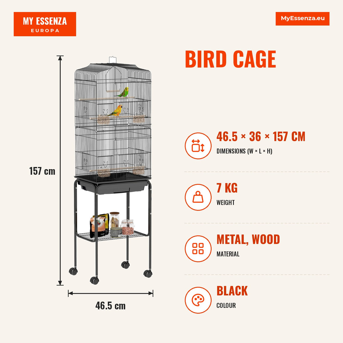 Gaiola para Pássaros, Gaiola Grande com Rodas, Prateleira de Arrumação, Portas, 4 Comedouros, 3 Poleiros, Baloiço, Bandeja Removível e Pega, para Papa — Infografia | Infographic — dimensions