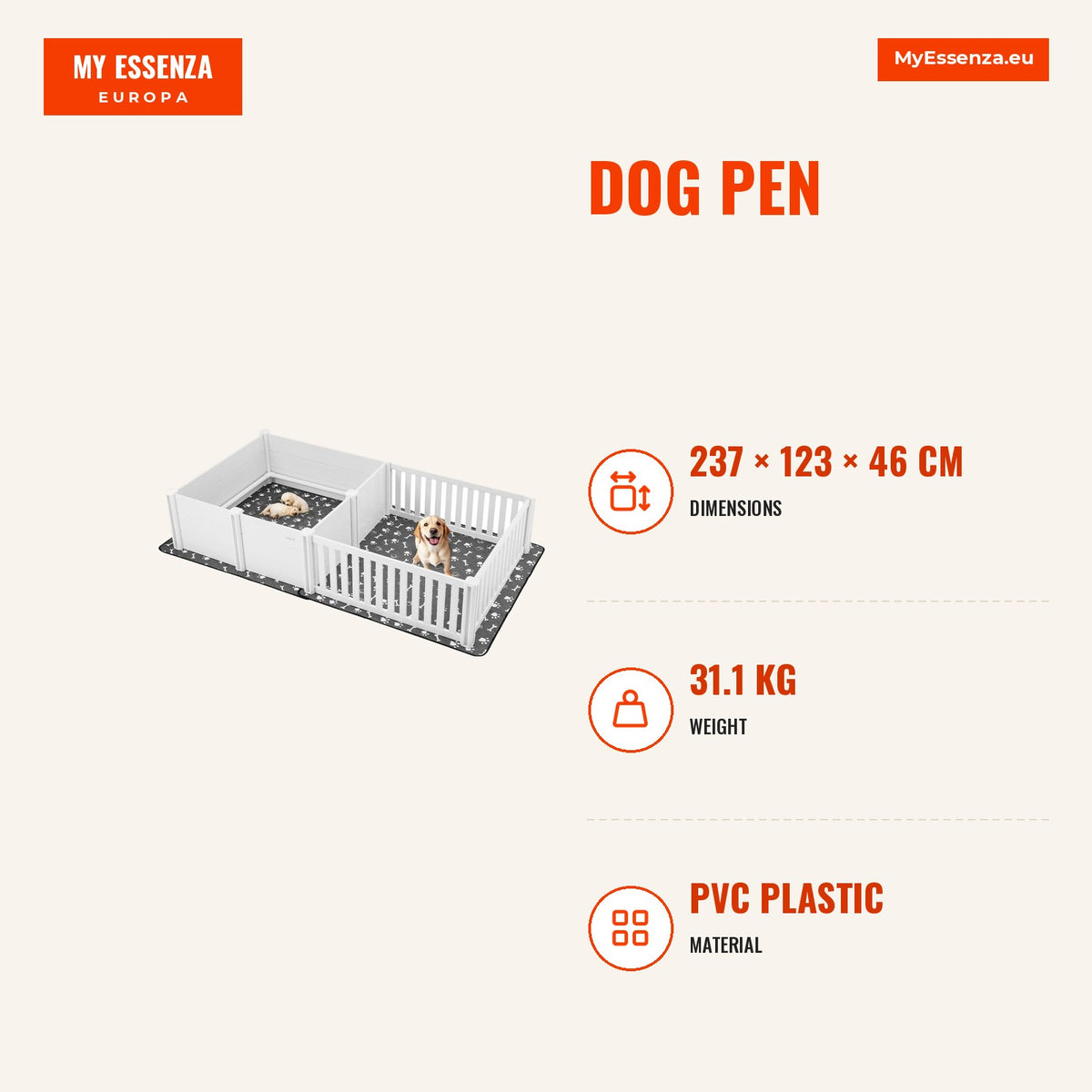 Parque cães 237 x 123 x 46 cm, 2 compartimentos — Infografia | Infographic — dimensions