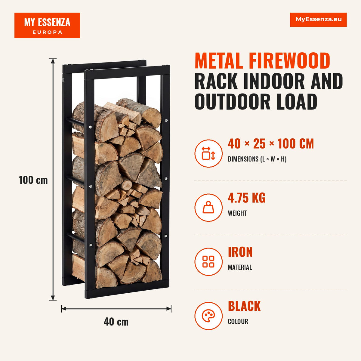 Suporte para Lenha Metálico para Interior e Exterior com Carga até 100 kg 40x25x100 cm Preto — Infografia | Infographic — dimensions