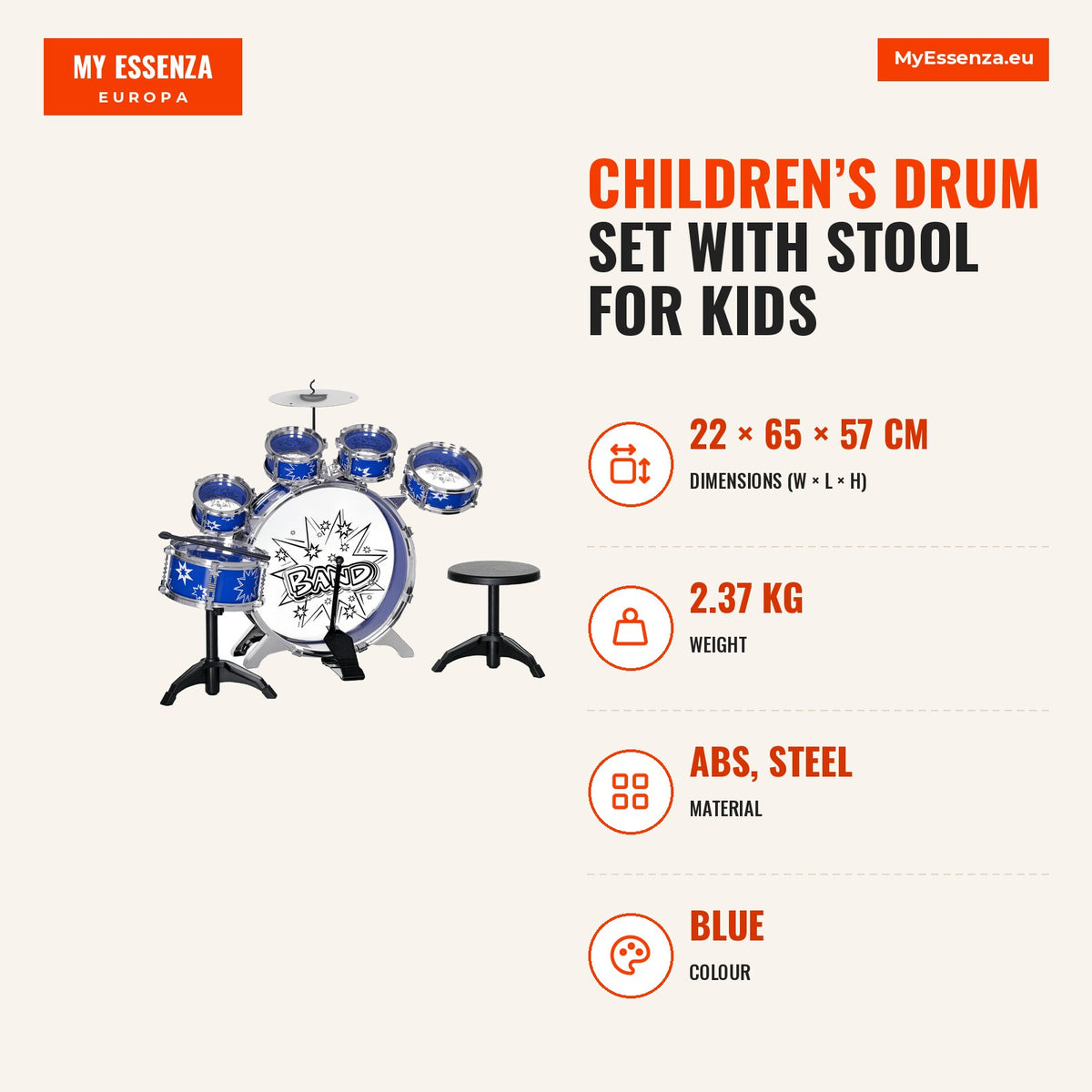 Bateria Infantil com Banco Bateria para Crianças acima de 3 Anos com Tambores Pedal e Baqueta Desenho com Tema de Estrelas 65x22x57 cm Azul — Infografia | Infographic — dimensions