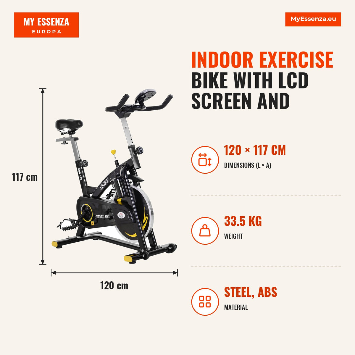 Bicicleta Estática Bicicleta Ciclismo Indoor com Ecrã LCD Volante de Inércia de 10kg Assento e Guiador Ajustáveis 47x120x104.5-117cm Preto e Amarelo — Infografia | Infographic — dimensions