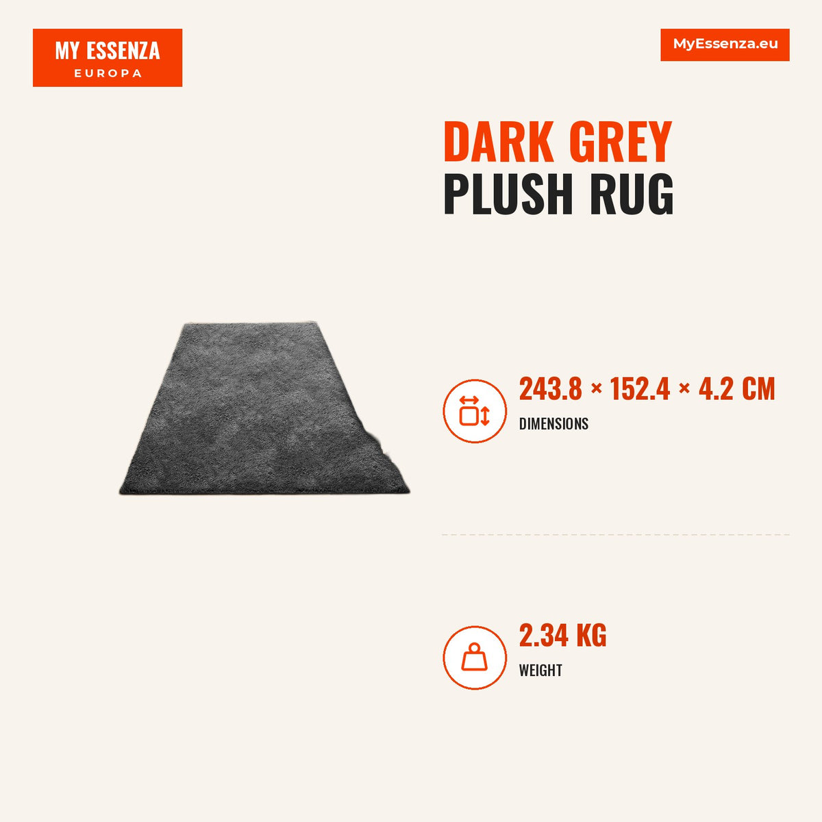 Tapete pelúcia 1,52x2,44 m cinzento escuro — Infografia | Infographic — dimensions