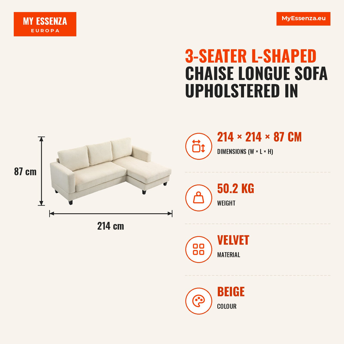 Sofá Chaise Longue Sofá de 3 Lugares em L Estofado em Veludo Assento e Encosto Almofadados para Sala de Estar Escritório 214x134x87 cm Bege — Infografia | Infographic — dimensions
