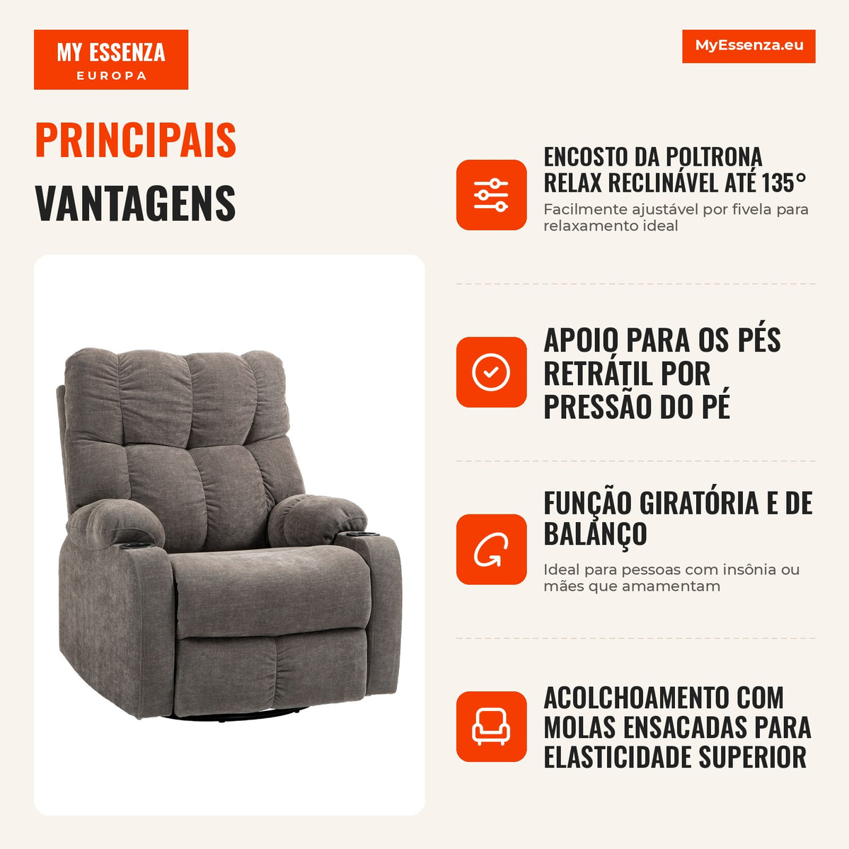Poltrona Relax com Apoio para os Pés Poltrona Reclinável Giratória até 150 kg Estrutura em Aço 88x96x108 cm Castanho Claro — infografia 1