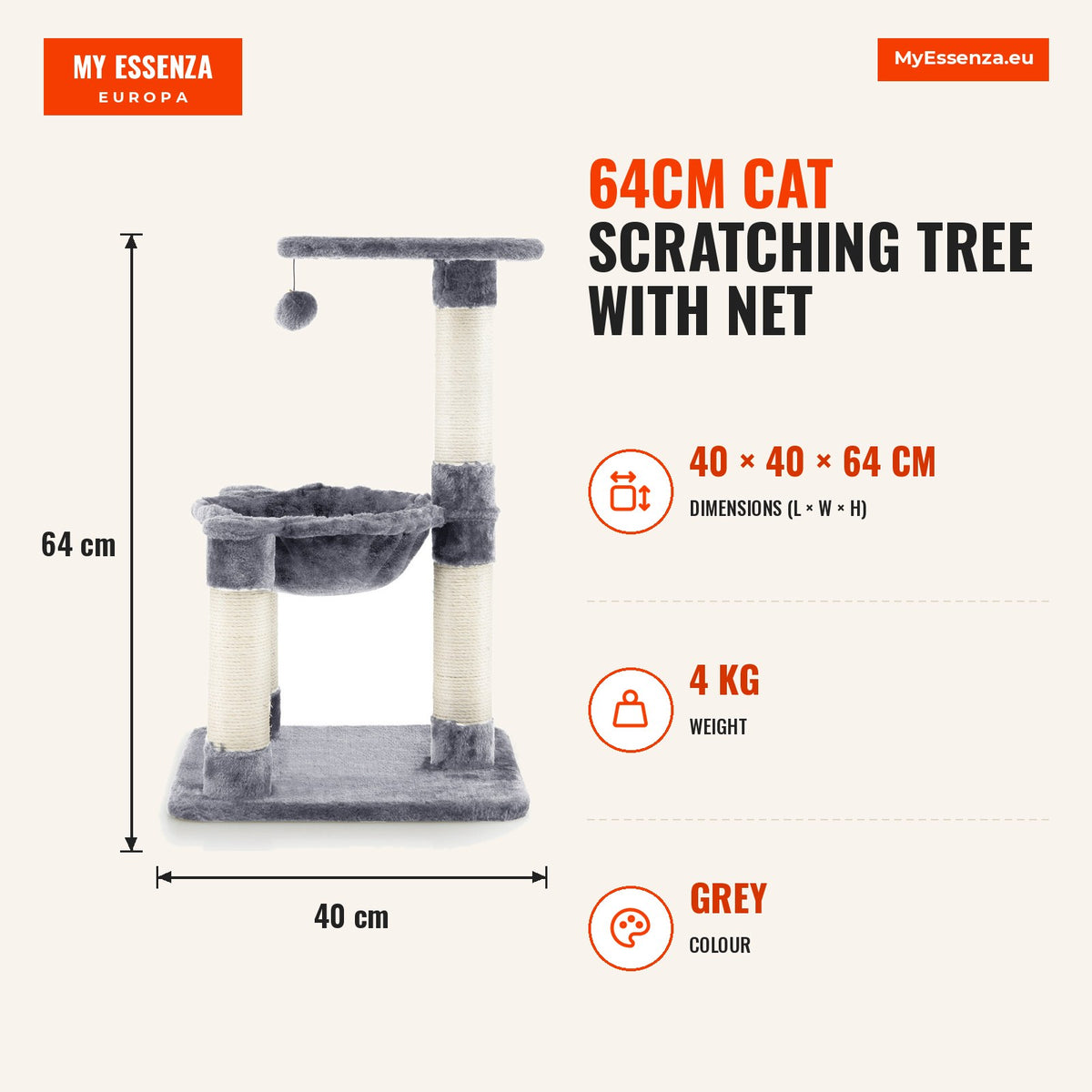 Árvore Arranhador para Gatos 64cm com Rede Postes Sisal e Bola Brinquedo Cinza — Infografia | Infographic — dimensions