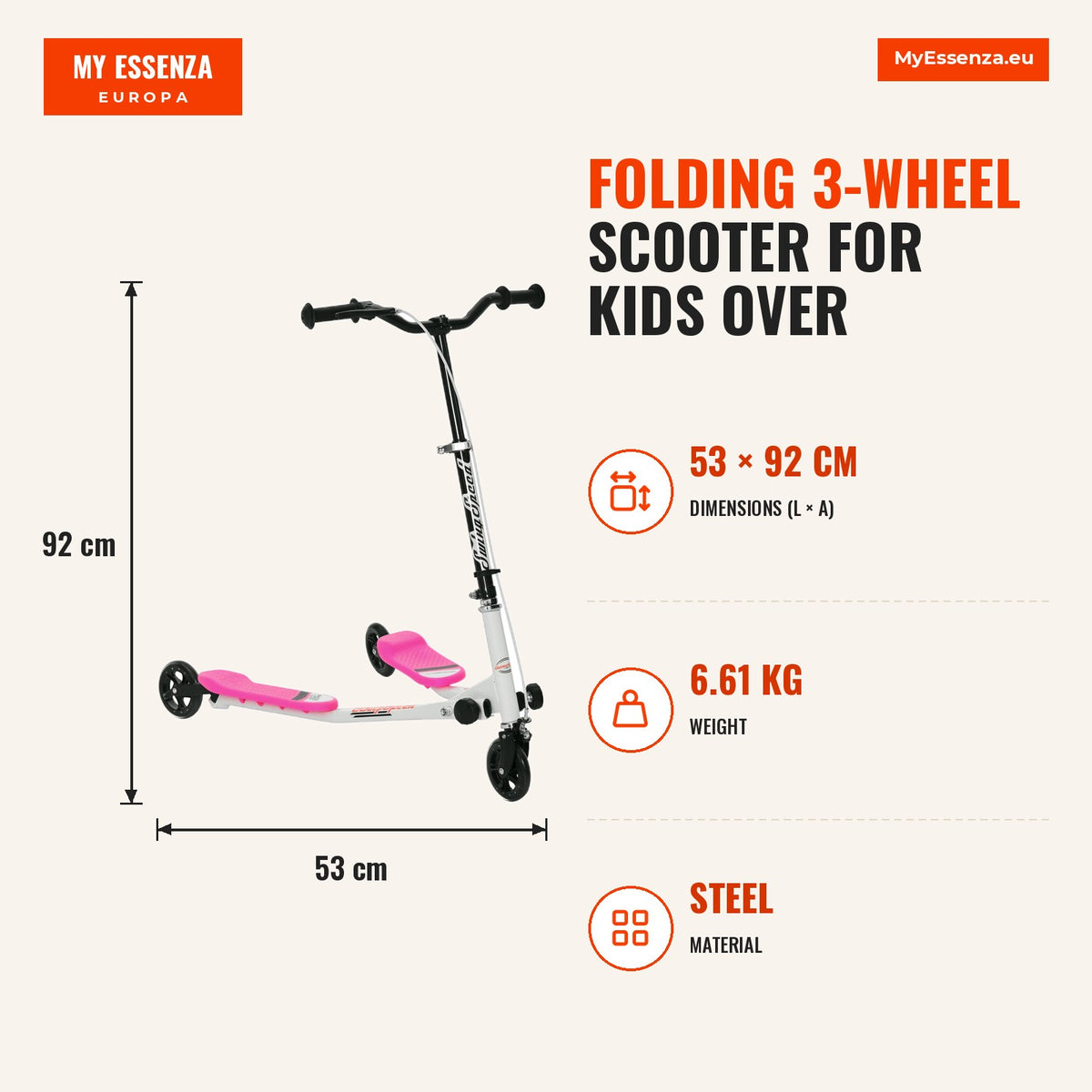 Trotinete de 3 Rodas Dobrável Trotinete para Crianças acima de 4 Anos com Freio Guiador Ajustável Carga Máxima 50kg 91x60x80cm Rosa — Infografia | Infographic — dimensions