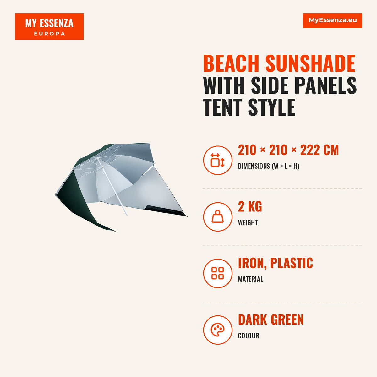 Chapéu de Sol de Praia com Painéis Laterais Tipo Tenda Chapéu de Sol para Praia com Proteção UV Φ210x222cm Verde Escuro — Infografia | Infographic — dimensions