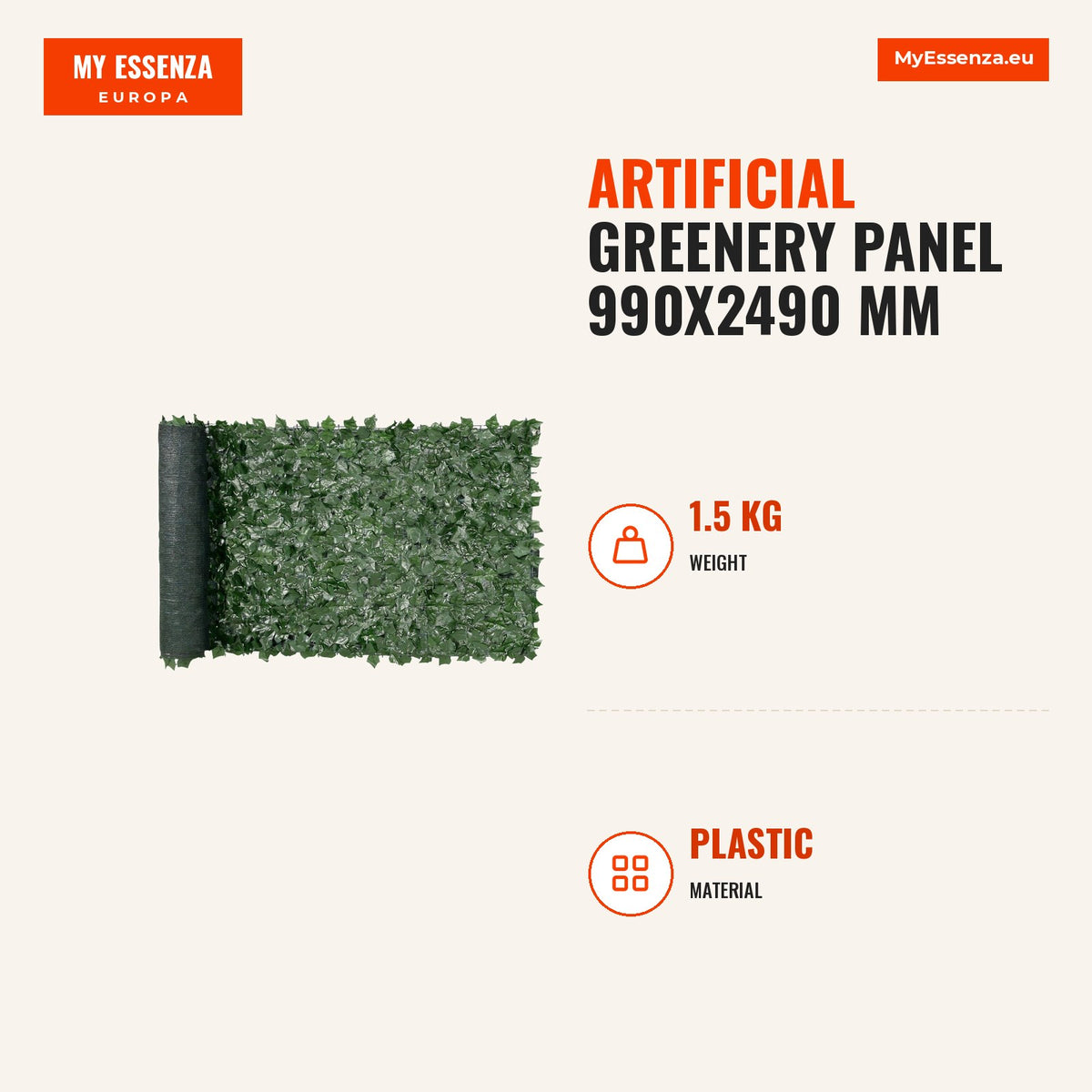 Painel verdura artificial 990x2490 mm, vedação jardim exterior — Infografia | Infographic — dimensions