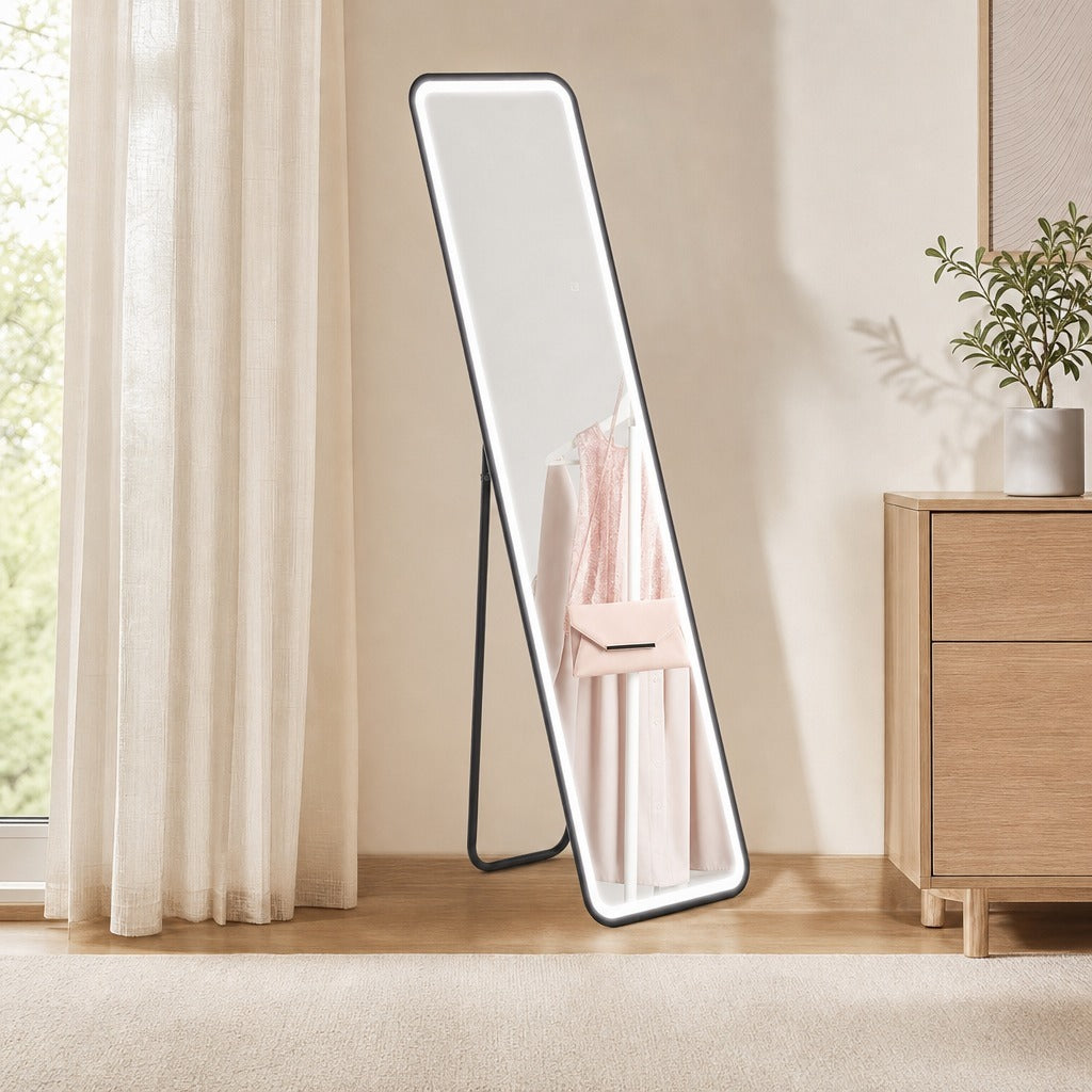 Espelho de Pé com Luz LED 40x150 cm Espelho de Corpo Inteiro sem Moldura com Iluminação de 3 Cores Função de Memória e Controlo Tátil Inteligente para Sala de Estar Dormitório — Ambiente | Lifestyle