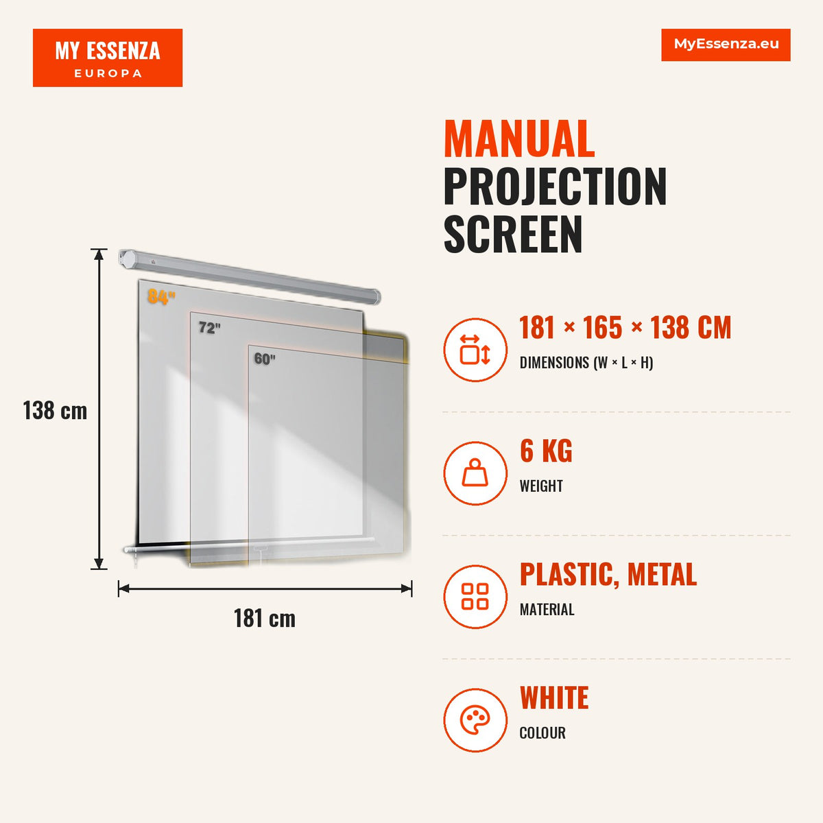Ecrã de Projeção Manual 84 Polegadas Tela de Projeção Portátil Formato 4:3 Ângulo de Visão de 160° para Interior e Exterior Cinema em Casa 165x124 cm  — Infografia | Infographic — dimensions