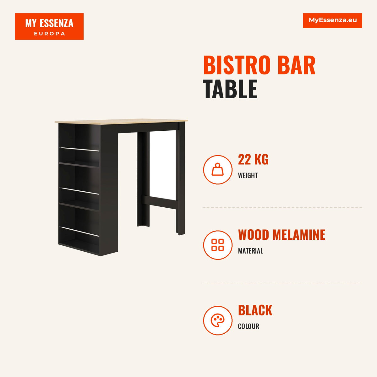 Mesa de Bar de Bistrô com 3 Prateleiras com Suporte Estilo Moderno para Cozinha Sala de Jantar Sala de Estar Estrutura de Melamina 112x57x106 cm Preto — Infografia | Infographic — dimensions