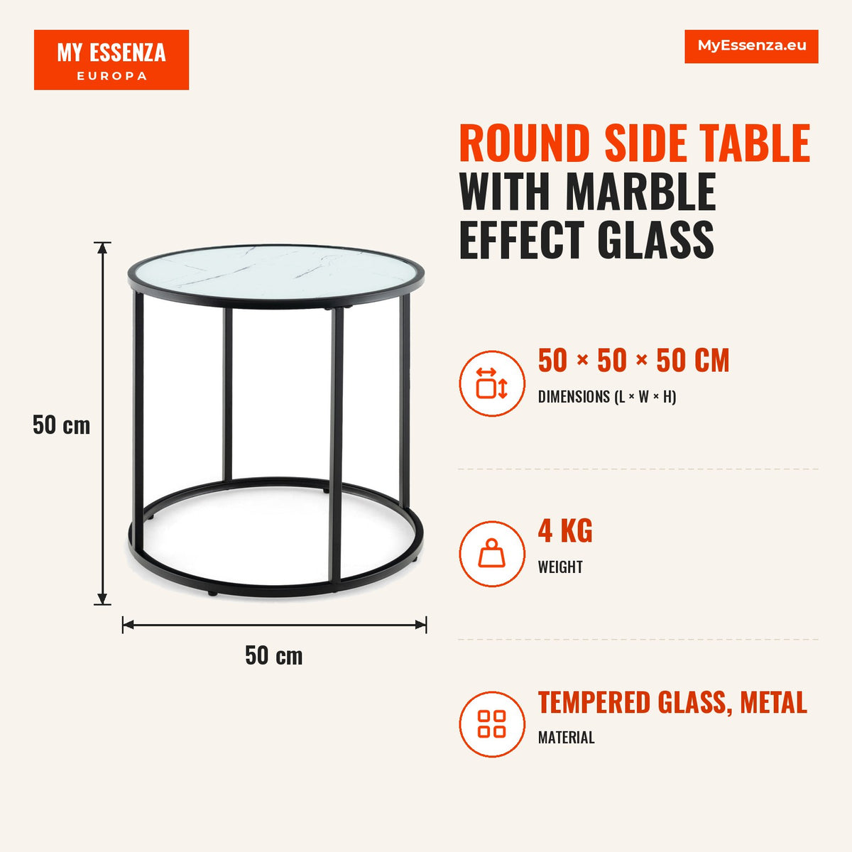 Mesa Lateral Redonda com Tampo em Vidro Efeito Mármore 50 cm Preto e Branco — Infografia | Infographic — dimensions