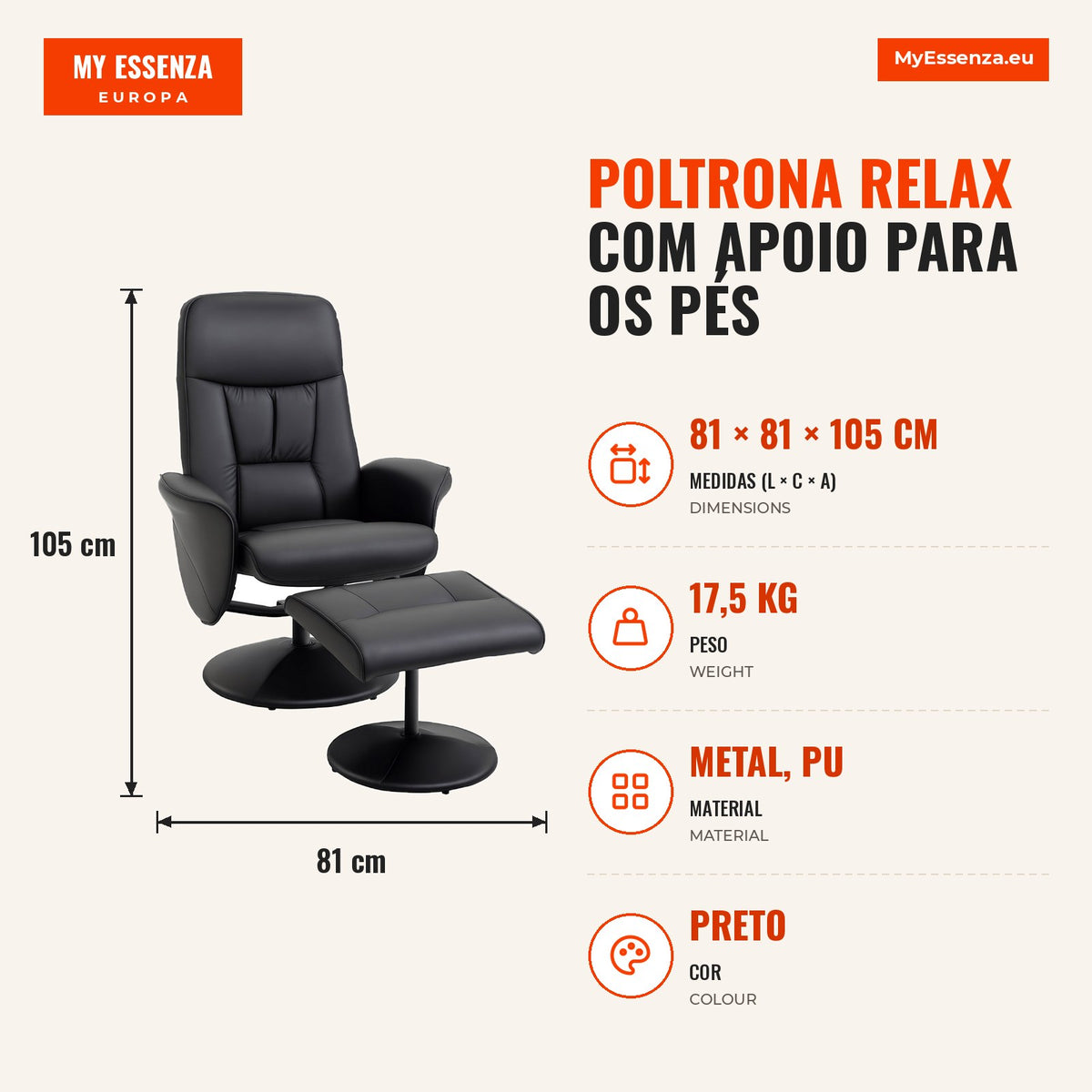 Poltrona Relax com Apoio para os Pés Estofada em PU Poltrona Relax Reclinável até 145° e Giratório 360° com Encosto Ajustável para Sala de Estar Dormi — Infografia — medidas