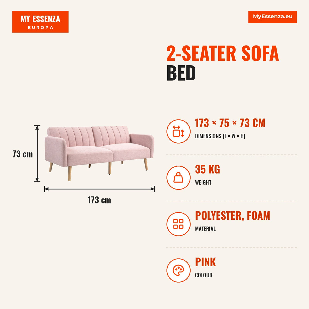 Sofá Cama de 2 Lugares com Encosto Ajustável em 3 Posições Apoio para os Braços Desmontável e Pés de Madeira Sofá Duplo Moderno para Sala de Estar Esc — Infografia | Infographic — dimensions