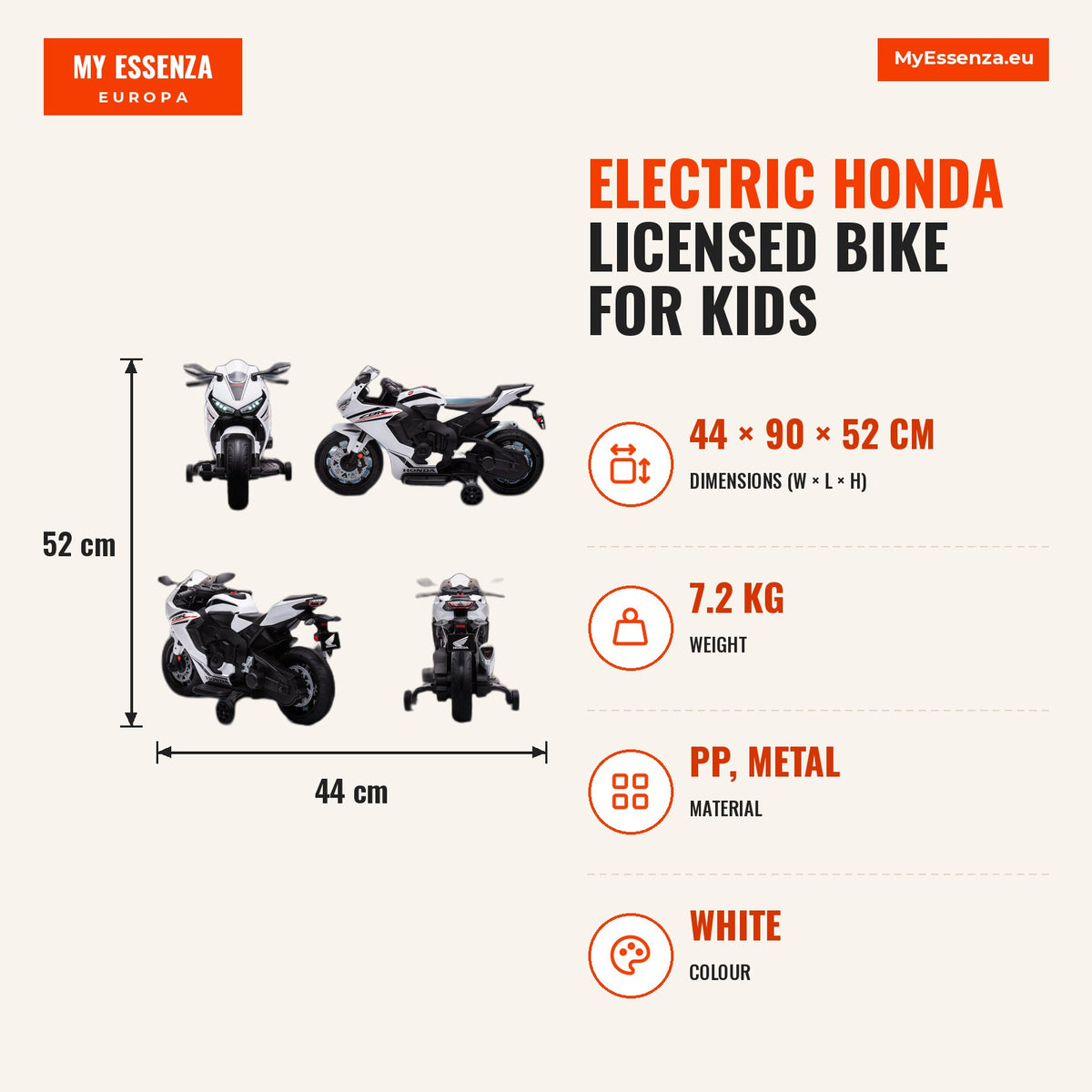 Mota Elétrica com Licença HONDA para Crianças de 3-5 Anos Mota a Bateria 6V com Farol Buzina Música e Rodas Auxiliares Removíveis Carga Máxima 30kg 90 — Infografia | Infographic — dimensions