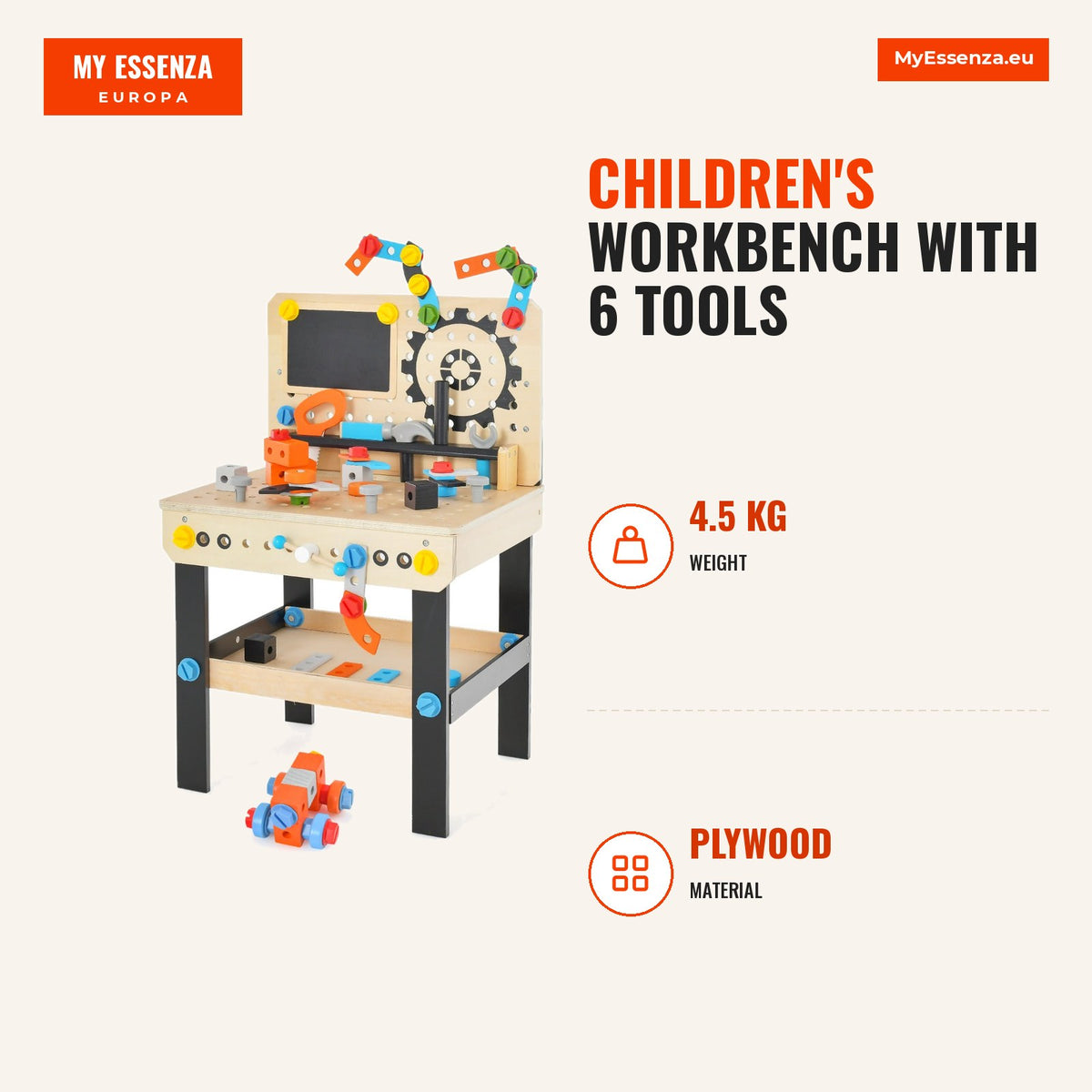 Banco de Trabalho Infantil com 6 Ferramentas, 75 Acessórios, Pizarra e Arrumação — Infografia | Infographic — dimensions