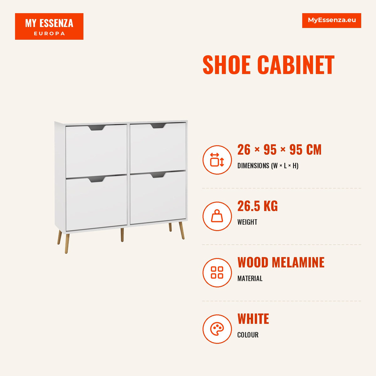Sapateira com 4 Gavetas e Prateleiras Ajustáveis Móvel para Sapatos de Corredor para 16 Pares de Sapatos 95x26x95 cm Branco — Infografia | Infographic — dimensions