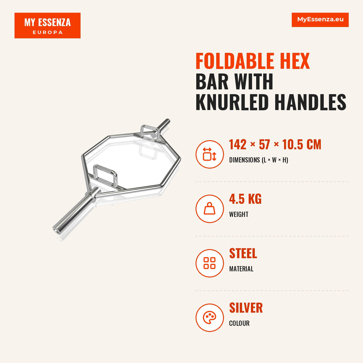 Barra Hexagonal Dobrável com Pegas Estriadas Capacidade 363 kg Molas Segurança — Infografia | Infographic — dimensions
