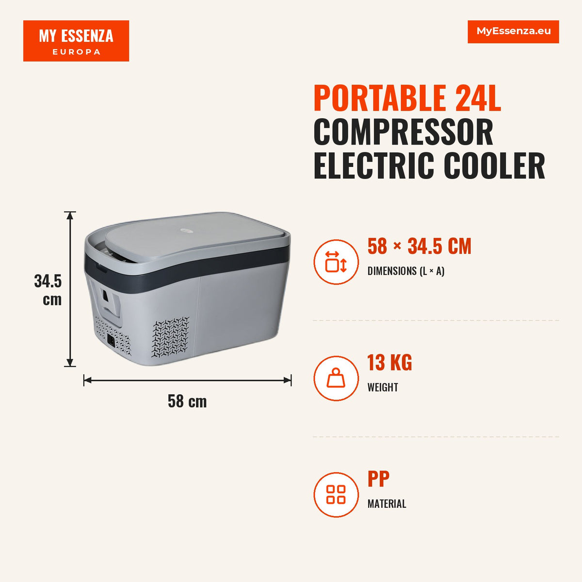 Geleira Elétrica de Compressor 24L Portátil 12V/24V de 20℃ a -18℃ com Tela LED Tátil e Luz Geleira de Carro ou Doméstico para Campismo Viagens 58x36,4 — Infografia | Infographic — dimensions