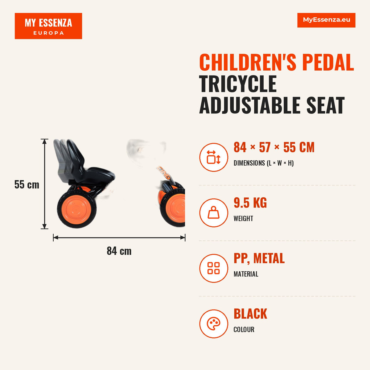 Triciclo a Pedais para Crianças Assento Ajustável em 2 Posições 3-8 Anos — Infografia | Infographic — dimensions