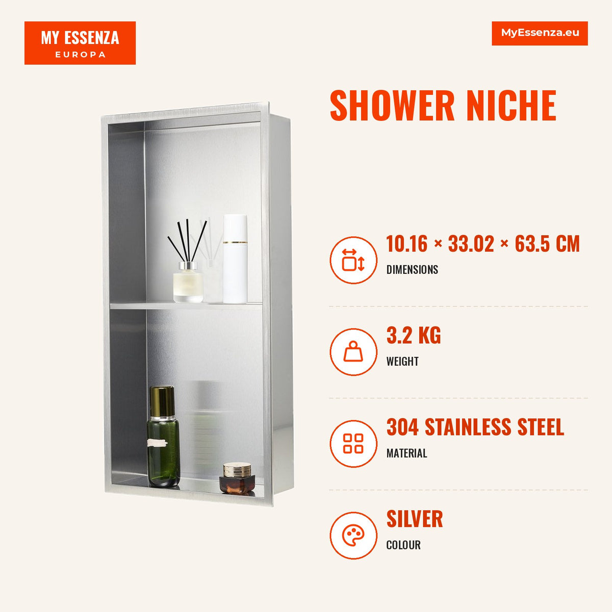 Nicho duche 33,0 x 63,5 x 10,2 cm, aço inox, divisor duplo — Infografia | Infographic — dimensions
