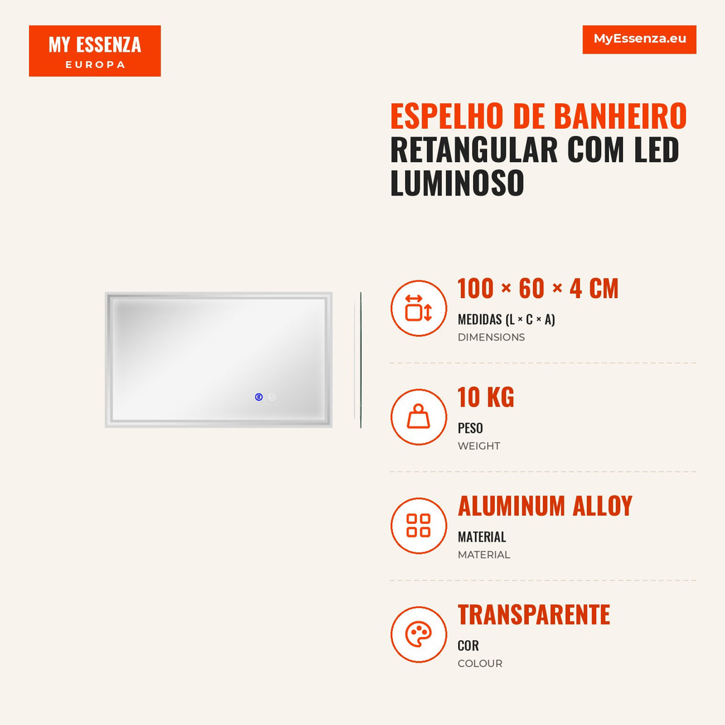 Espelho de Banheiro Retangular com LED Luminoso Horizontal ou Vertical 100x60 cm — infografia 1