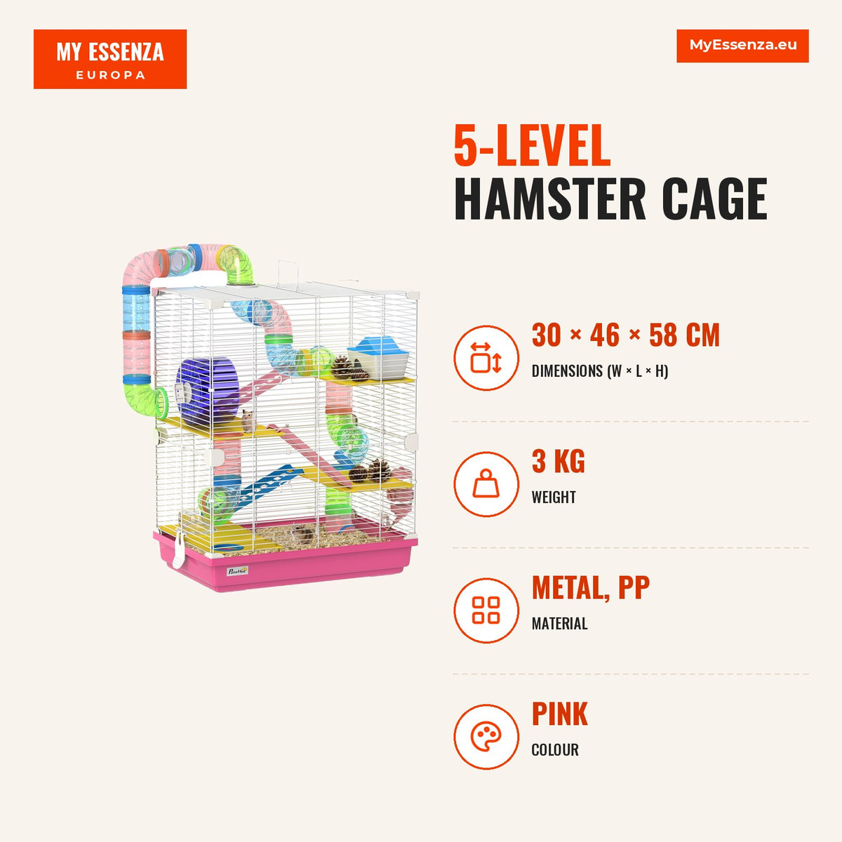Jaula para Hamster de 5 Níveis, Casa para Roedores Pequenos com Túnel, Plataformas, Tigela, Bebedouro, Casinha, Rampas e Roda de Exercício, para Gerbo — Infografia | Infographic — dimensions
